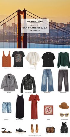 an image of clothes and accessories in front of the golden gate bridge, san francisco