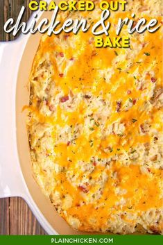 a baked chicken and rice bake in a white casserole dish with text overlay