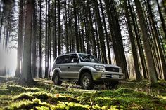 an suv parked in the middle of a forest