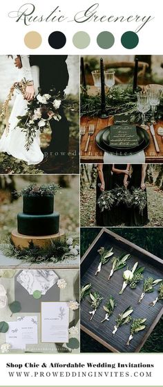 a collage of photos with green and black wedding colors, including greenery on the table