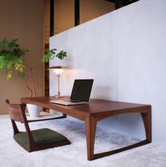 a laptop computer sitting on top of a wooden desk next to a potted plant