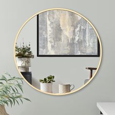 PRICES MAY VARY. Add Light to Your Space: Hang this beautiful circular mirror in your hall or bathroom for a stylish way to add light to your space. This aluminum gold framed mirror fits perfectly in bedrooms or hallways. Dimensions: With a 31.5 inch diameter, this mirror is big enough to give you a good view without being too big to dominate a space. The gold bathroom mirror frame is made from aluminum and measures 0.3 inch wide and 1.3 inches deep. Perfect for Any Room: Crafted to be a stunnin Mirrors Circle On Wall, Circle Mirror With Square Frame, Circle Mirror Wall Display, Quarter Circle Mirror, Half Circle Mirror Hallway, Circle Mirror Plate, Salon Circle Mirror, Circular Mirror Gold, Round Mirror Above Tv