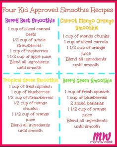 four different smoothie ingredients are shown in this printable recipe for toddlers to make