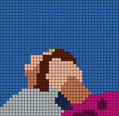 a pixellated image of a woman with her hand on her head looking through the screen