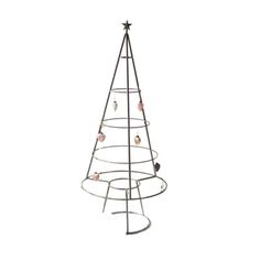 a metal christmas tree with ornaments hanging from it's sides on a white background