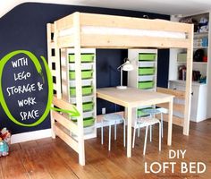 a loft bed with desk underneath it and storage drawers on the bottom bunk area below