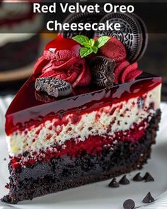 a slice of red velvet oreo cheesecake on a plate