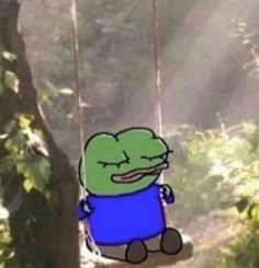 a cartoon character sitting on a swing in the woods