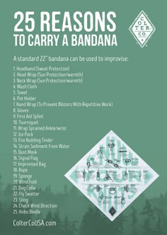 a poster with the words 25 reasons to carry a bandana in it's center