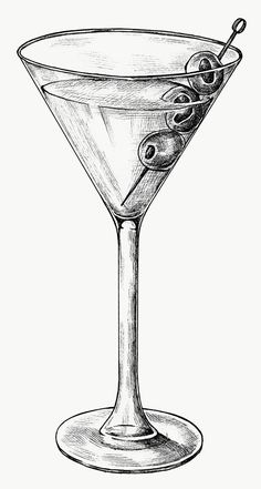 an ink drawing of a martini glass with olives on the rim and garnish