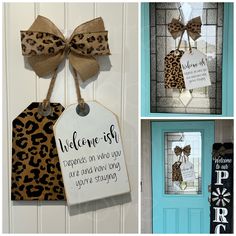 the door is decorated with leopard print and welcome tags for guests to use on their doors