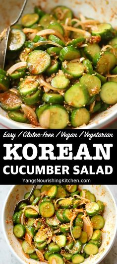 korean cucumber salad in a white bowl with a spoon and the title above it