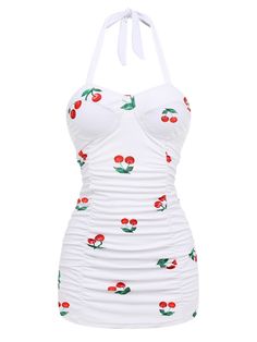 Retro Cherry Summer One-piece Swimsuit – Retro Stage - Chic Vintage Dresses and Accessories Retro Cherry, Retro Stage, One Piece Swimsuit White, Retro Swimsuit, Red Bodysuit, Standard Dress, Costume Intero, Lace Romper, Cardigan Top