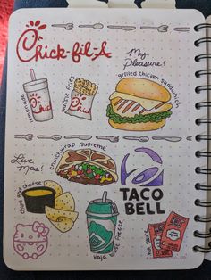 a notebook with some food and drinks on it