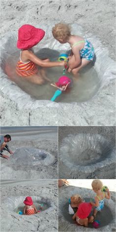 two children playing in the sand with toys