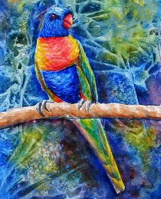 a painting of a colorful bird sitting on a branch in front of blue and green leaves