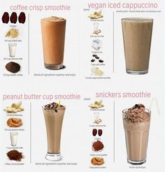 there are many different types of smoothies in the picture, including milkshakes and shakes