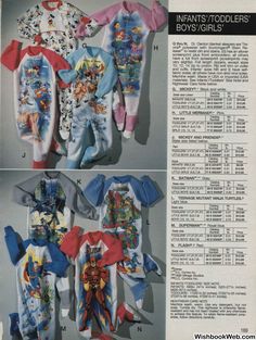 an advertisement for children's pajamas with images of cartoon characters on the front and back