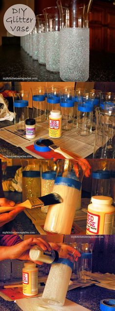 three pictures showing how to make glitter vases