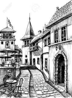 a drawing of an old town with tables and chairs