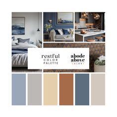 a collage of different colors and furniture in the same color scheme, with text that reads restful