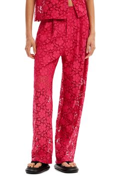 Complete your look with the bright, sophisticated style of pleat-front pants in dainty floral lace. Zip fly with button closure Front slant pockets Partially lined 100% polyester Machine wash, tumble dry Imported Pink Lace Bottoms For Spring, Chic Lace Bottoms For Daywear, Elegant Lace Bottoms For Daywear, Elegant Pink Lace Bottoms, Elegant Floral Print Pants For Party, Elegant Floral Print Party Pants, Spring Lace Bottoms With Floral Print, Spring Floral Print Lace Bottoms, Casual Lace Bottoms For Spring