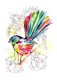 a watercolor painting of a colorful bird