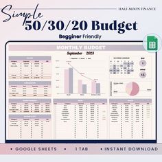 the simple 50 / 30 / 20 budget planner is displayed on a white background with text