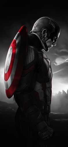 captain america the winter soldier is standing in front of a dark background with clouds and lightning