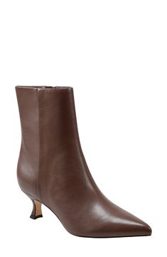 A kitten heel provides a perfectly poised finish for a versatile pointy-toe bootie shaped from smooth leather. 2" heel 6 1/4" shaft Side zip closure Leather upper/synthetic lining and sole Imported Brown Kitten Heels, Brown Kitten, Kitten Heel Ankle Boots, Kitten Heel Boots, Closet Wishlist, Fall Closet, Brown Booties, Marc Fisher, Kitten Heel