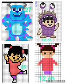 four cross stitch pictures with different cartoon characters on them, one is purple and the other has