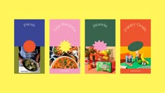 the four books are lined up in different colors and designs, each with an image of food