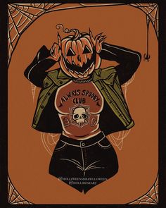 an orange and black poster with a girl wearing a pumpkin head on it's back