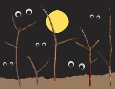 three branches with googly eyes in front of a full moon