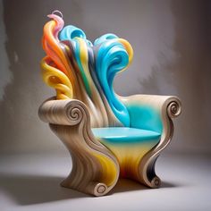 a colorful chair sitting on top of a white floor next to a gray wall with swirls painted on it