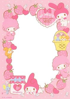 a pink frame with hello kitty and other cartoon characters