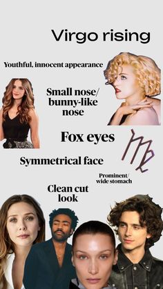 a poster with different types of hair and makeup on it's sides, including the words virgo rising