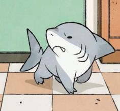 a cartoon shark is standing on the floor