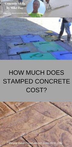 the words how much does stamped concrete cost? and an image of a man on a skateboard