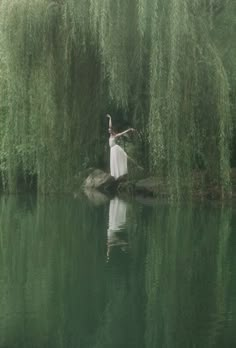 a woman standing on top of a rock in the middle of a lake surrounded by trees