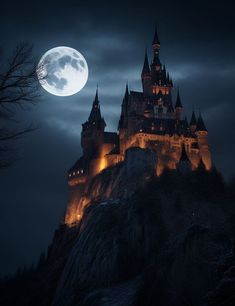 a castle lit up at night with the moon in the background