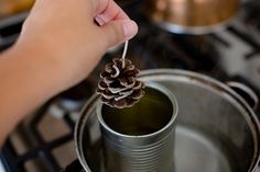 a person is holding a pine cone above a cup on the stove top burner