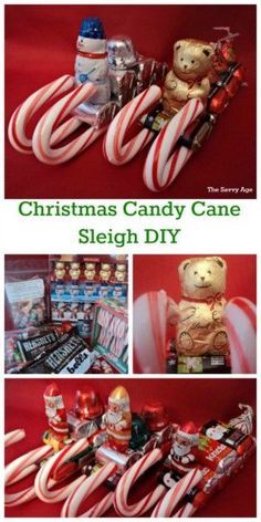 christmas candy cane sleigh diy with teddy bears and candies in it