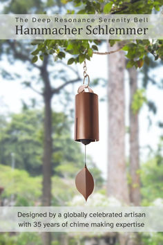 a wind chime hanging from the side of a tree with trees in the background