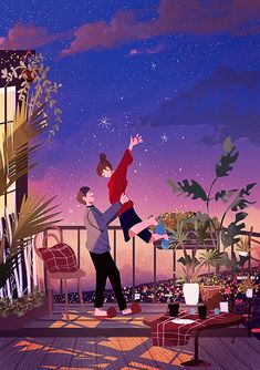 two people are dancing on a deck at night with the stars in the sky above them