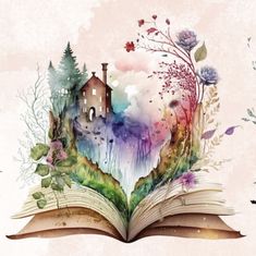 an open book with watercolor painting on it and trees in the background, surrounded by flowers