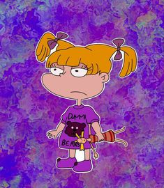 a cartoon girl with blonde hair and glasses wearing a purple t - shirt is standing in front of a purple background