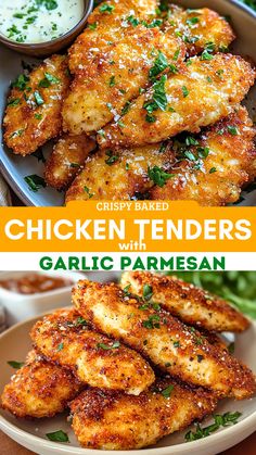 chicken tenders with garlic parmesan on the side and an image of chicken tenders