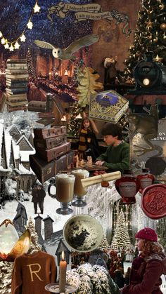 a collage of many different items and people in the snow with christmas decorations on them