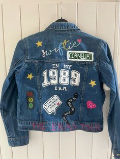 Diy Eras Tour Denim Jacket, Eras Tour Jean Jacket Diy, Taylor Swift Jean Jacket Diy, Taylor Swift Jacket, 13 Taylor Swift, Jean Jacket Diy, Hand Painted Jacket, Hand Painted Denim